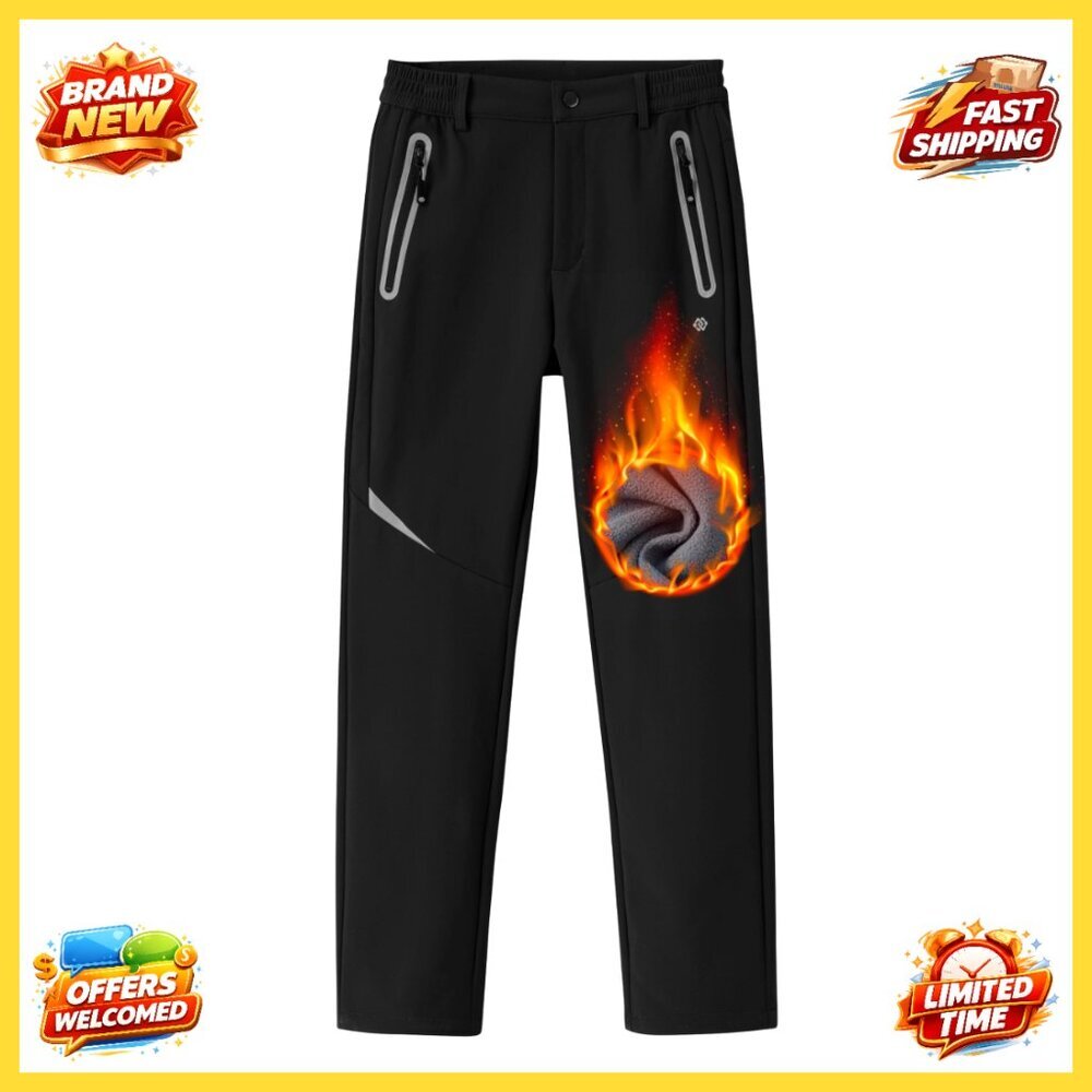 Kids Fleece Lined Waterproof Snow Pants, Elastic Waist, Zip Pockets